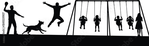 Diverse Poses Including Swings, Jumping Man, Playing with Dog for Childhood, Fun, Park, Activity, and Leisure Vector Illustrations