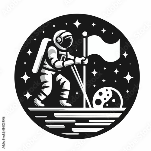 Monochrome graphic illustration of an astronaut planting a flag.