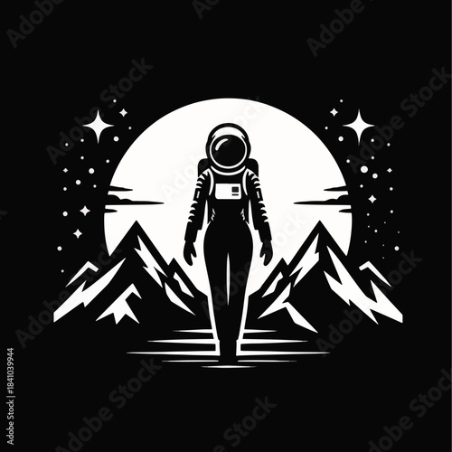 Monochrome vector illustration of a standing astronaut figure.