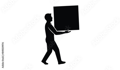 a silhouetted depiction of a person carrying a large square object possibly a box or panel on their shoulder walking forward high quality professional detailed