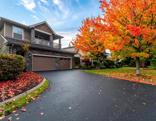Two-story suburban residence with fall foliage and asphalt driveway