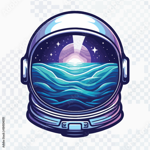 Astronaut Helmet Reflecting Ocean and Stars A Cosmic Seascape.
