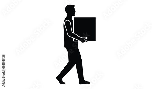 a minimalist black silhouette depicts a person in profile carrying a large square box suggesting moving or delivery services with a simple design high quality