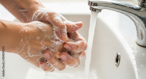 Hands washing with soap under tap — proper handwashing hygiene