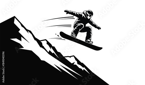A dynamic black and white illustration depicts a snowboarder performing an aerial trick on a snow covered mountain showcasing speed and agility high quality professional