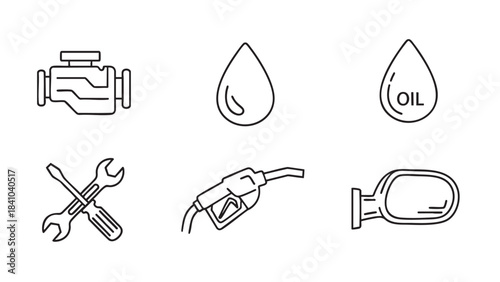 Automotive related line icons collection featuring car engine oil drop tools and fuel pump nozzle and side mirror
