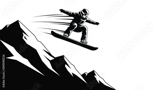 a dynamic black and white illustration depicts a snowboarder in mid air performing a trick against a backdrop of jagged mountain peaks evoking speed and