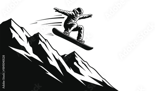 a dynamic black and white illustration depicts a snowboarder mid air soaring above rugged mountain peaks with a sense of freedom and adventure high quality