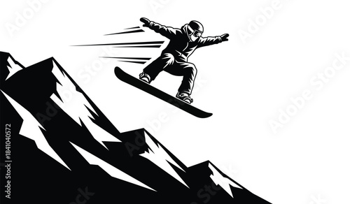 a stylized black and white illustration depicts a snowboarder mid air performing a trick above jagged mountain peaks capturing the thrill of winter sports