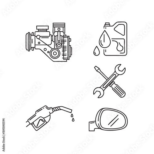 Automotive service and repair outline icons set featuring car engine oil fuel tools and mirror for vehicle maintenance illustration