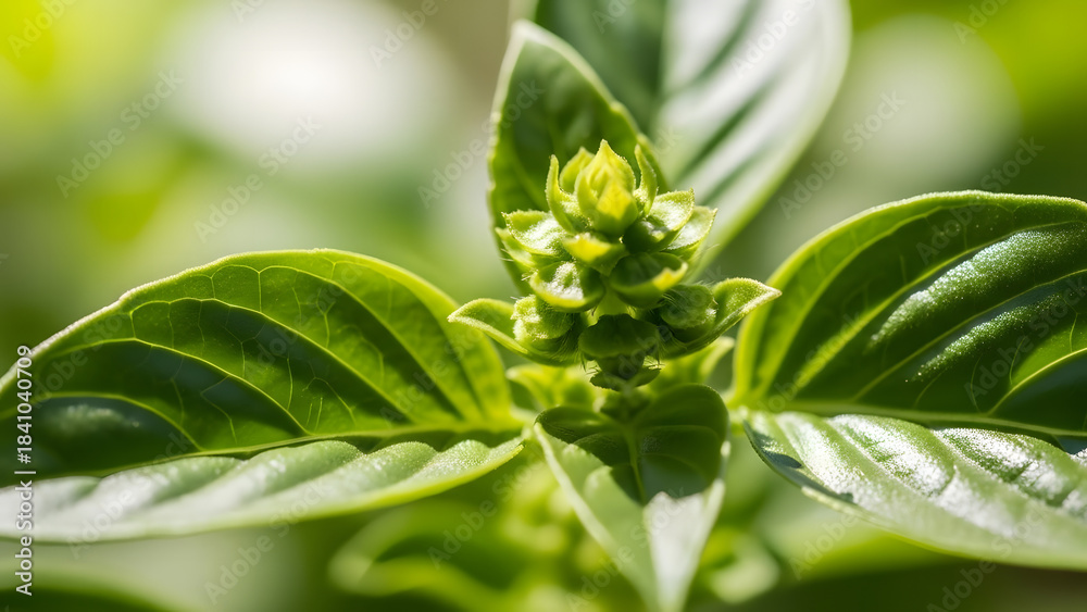 Obraz premium Close-up of vibrant green basil plant with developing flower buds.