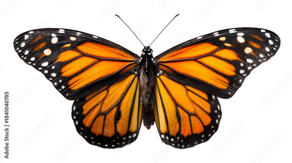 Naklejka premium Monarch butterfly exhibiting striking orange and black wings with white spots, perfect for nature documentaries and wildlife conservation campaigns.
