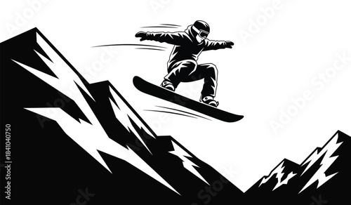 a striking black and white illustration depicts a snowboarder soaring through the air amidst jagged mountain peaks capturing a moment of extreme sport action