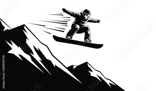 A black and white illustration depicts a snowboarder mid air performing a trick off a snow covered mountain peak demonstrating speed and athleticism high quality