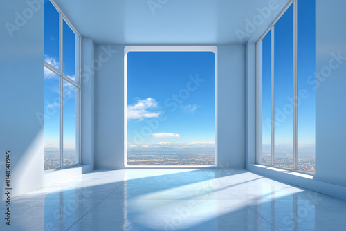 Bright minimalist room with stunning city view in clear blue sky during daytime
