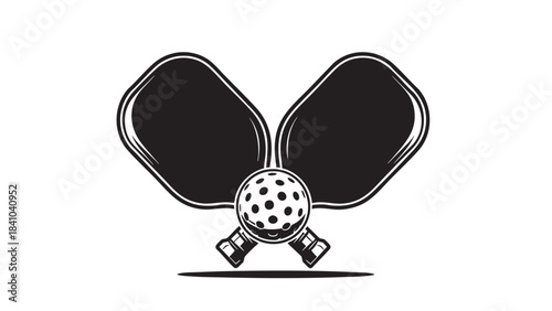 Dynamic pickleball game equipment design featuring crossed paddles and a holed ball emblem for tournaments