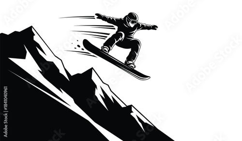 a dynamic black and white illustration depicts a snowboarder in mid air performing a trick on a snowy mountain peak showcasing speed and skill