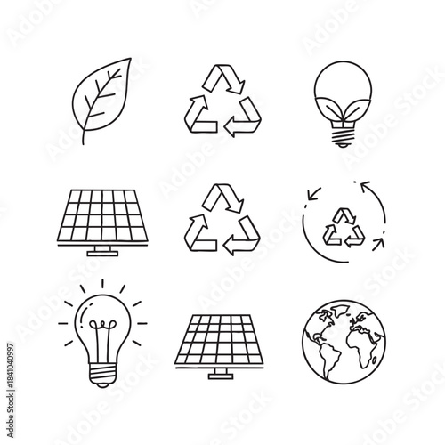 Eco friendly green energy and sustainability line icons collection for environmental protection and renewable concepts