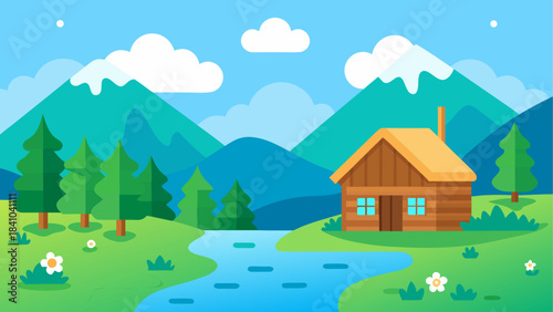 Cartoon landscape with cabin river and mountain scenery on transparent background