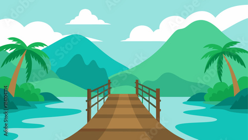 Illustration of a bridge over water with palm trees on transparent background