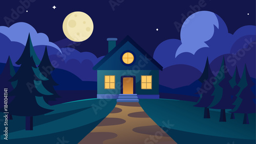 Illustration of house at night with moon and trees view on transparent background