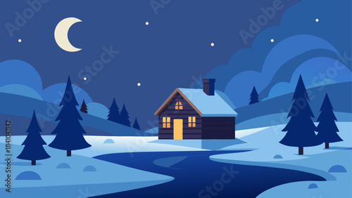 Cabin in winter landscape with moon and starry night on transparent background