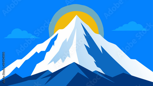 Illustration of a mountain peak with sun and clouds on transparent background