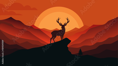 Silhouette of deer on mountain top at sunset scenery on transparent background