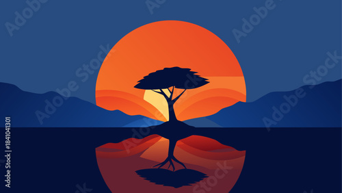 Silhouette tree reflected in water at sunset landscape on transparent background