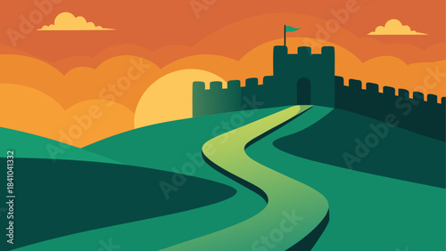 Illustration of a castle on a hill at sunset landscape on transparent background