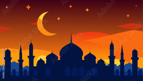 Silhouette of mosque with moon and stars at sunset on transparent background