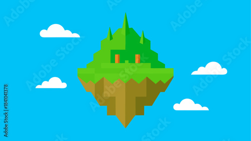 Floating island with green grass and clouds in the sky on transparent background