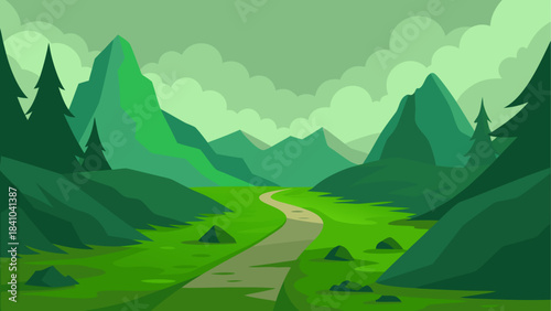 Illustration of green mountains and winding pathway view on transparent background