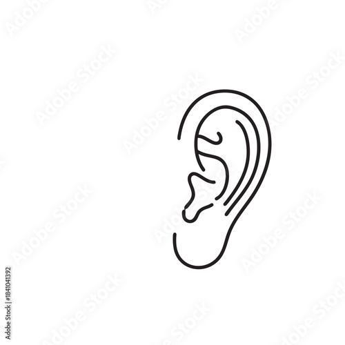 Minimalist human ear outline icon illustration representing the sense of hearing and body anatomy vector graphic