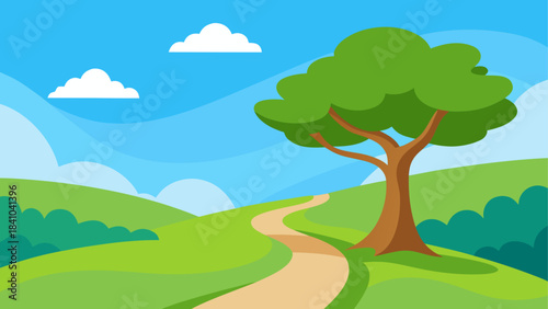 Cartoon landscape with path tree and two white clouds on transparent background