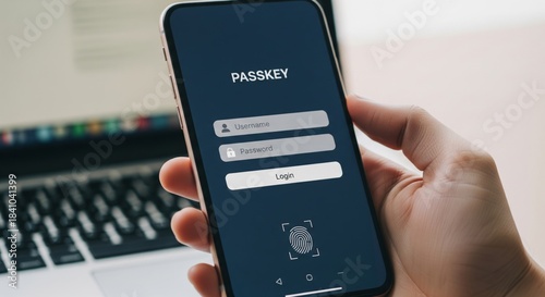 PASSKEY mobile login close-up — username and password fields with fingerprint scan