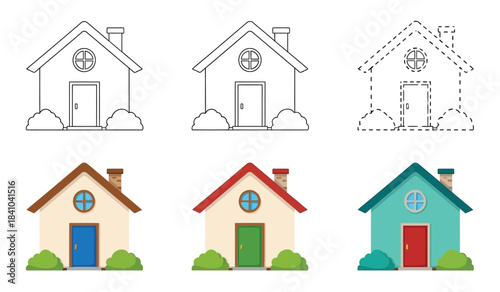 A comparative illustration showcases three house outlines and three colorfully painted houses providing a visual progression from sketch to finished design high quality professional detailed
