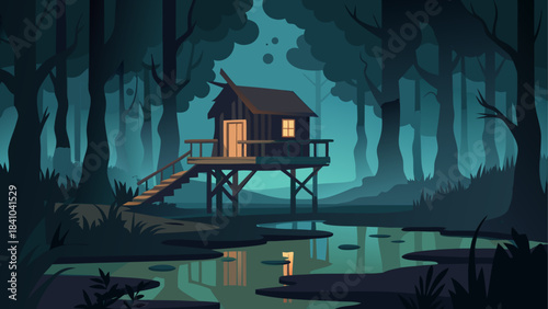 Cabin on stilts in a dark swampy forest landscape on transparent background