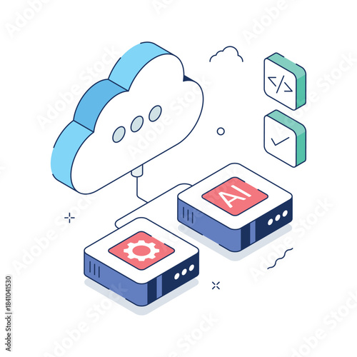 Cloud based artificial intelligence computing and data processing isometric illustration