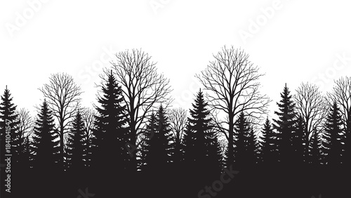 Seamless black forest border illustration featuring diverse tree silhouettes against a clean white background artwork