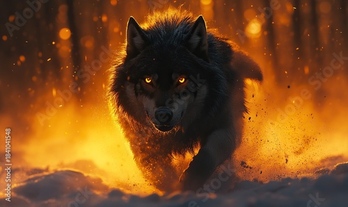 Intense wild wolf with glowing eyes running through a fiery orange backdrop.