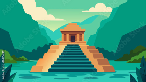Illustration of a temple on a stepped pyramid in water on transparent background