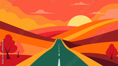 Illustration of road through hills at sunset landscape on transparent background