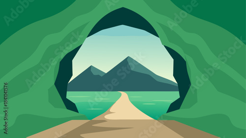 Illustration of cave opening to mountains and pathway on transparent background