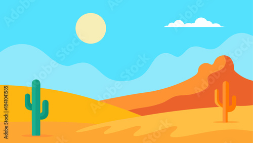 Illustration of desert landscape with sun and cactus on transparent background