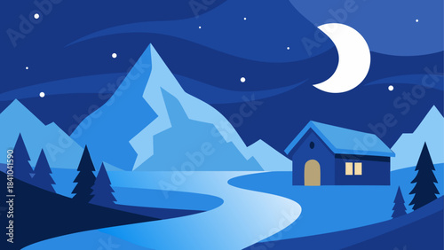 Illustration of mountain landscape with house at night on transparent background