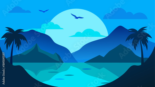 Illustration of tropical landscape with birds and palms on transparent background