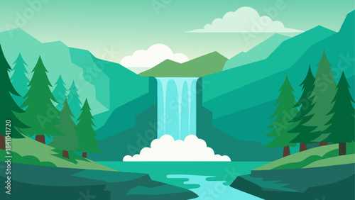 Illustration of a waterfall in a mountainous landscape on transparent background