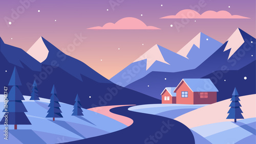 Illustration of winter landscape with houses and trees on transparent background