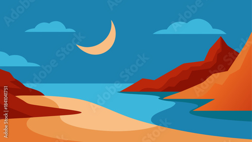 Illustration of a landscape with moon and mountains on transparent background